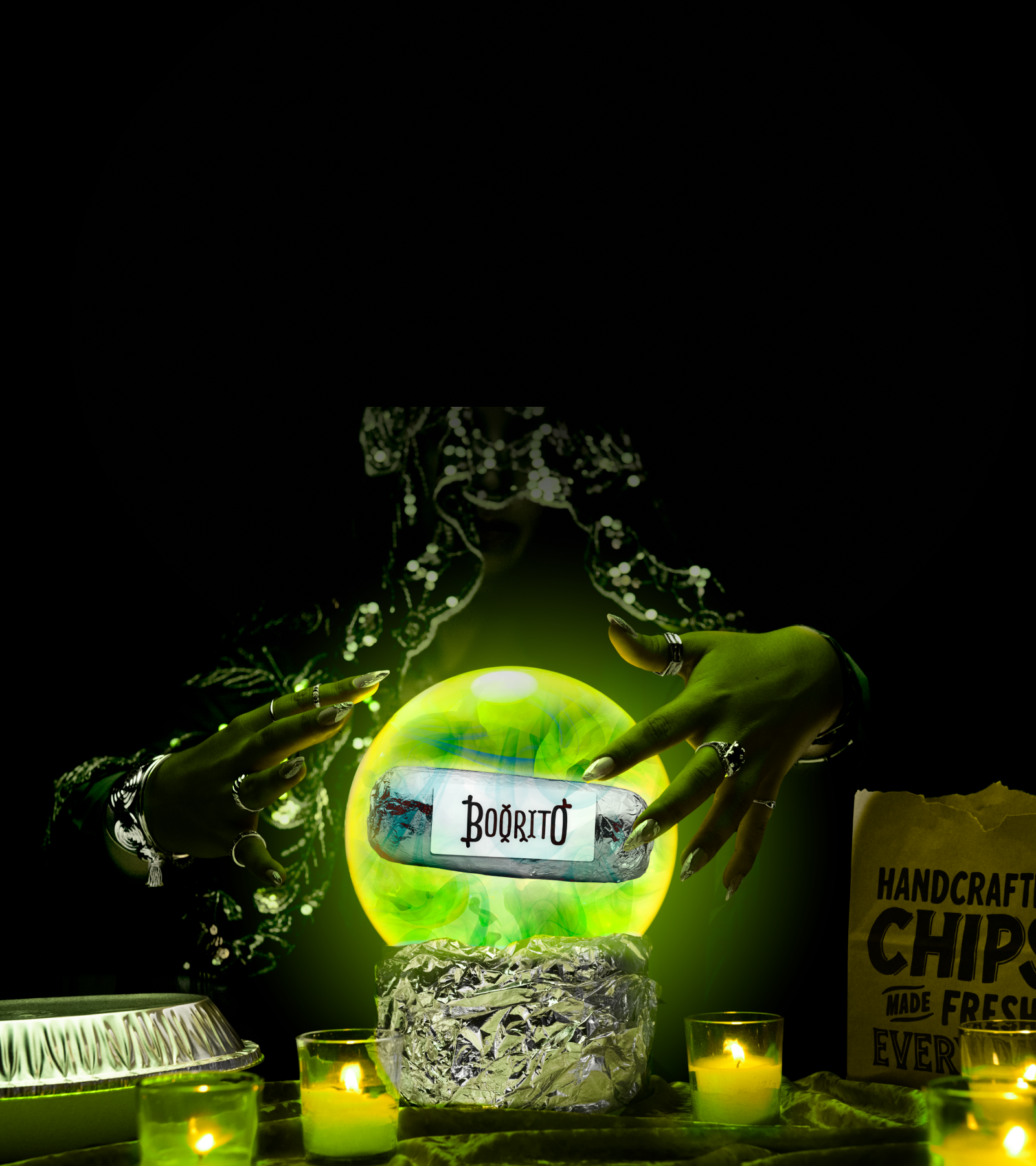 A Chipotle Boorito floats inside a crystal ball.