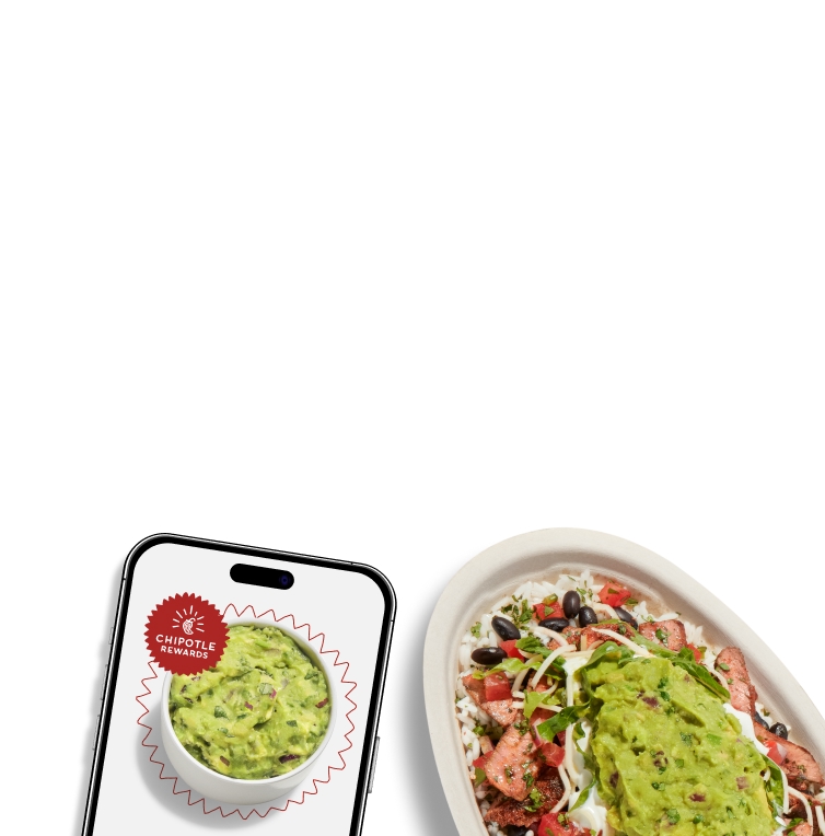 A smart phone showing the Chipotle Rewards logo around a free side or topping of fresh, hand-mashed Guac that you get when you sign up for Chipotle Rewards. Accompanied by a Chipotle Honey Chicken Burrito Bowl with white rice, black beans, freshly grilled Chipotle Honey Chicken, fajita veggies, hand-mashed Guac, and shredded Monterey Jack cheese.