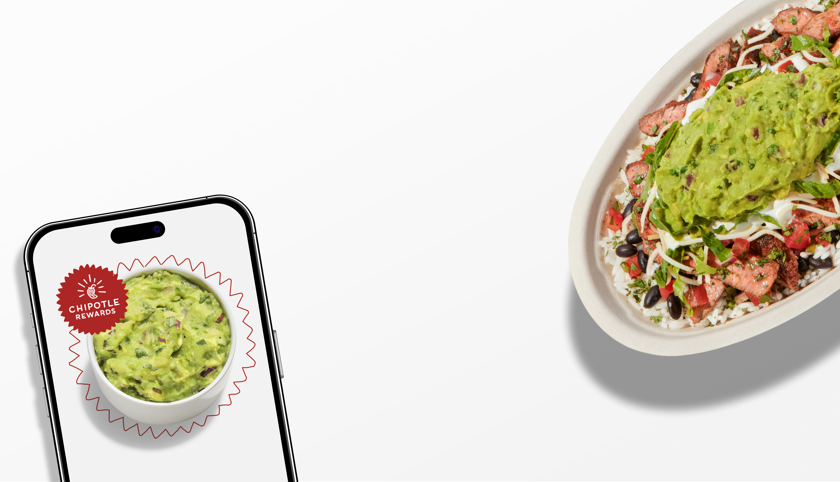 A smart phone showing the Chipotle Rewards logo around a free side or topping of fresh, hand-mashed Guac that you get when you sign up for Chipotle Rewards. Accompanied by a Chipotle Honey Chicken Burrito Bowl with white rice, black beans, freshly grilled Chipotle Honey Chicken, fajita veggies, hand-mashed Guac, and shredded Monterey Jack cheese.