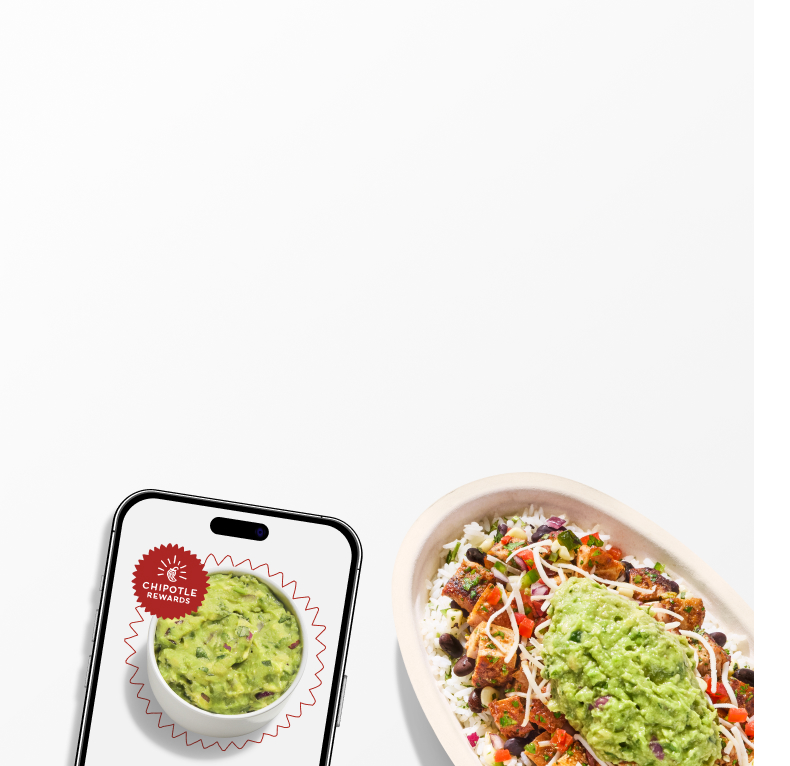 A side of fresh made Guacamole on a phone and a Chipotle Pollo Asado Burrito Bowl with a side of freshly made Chips.