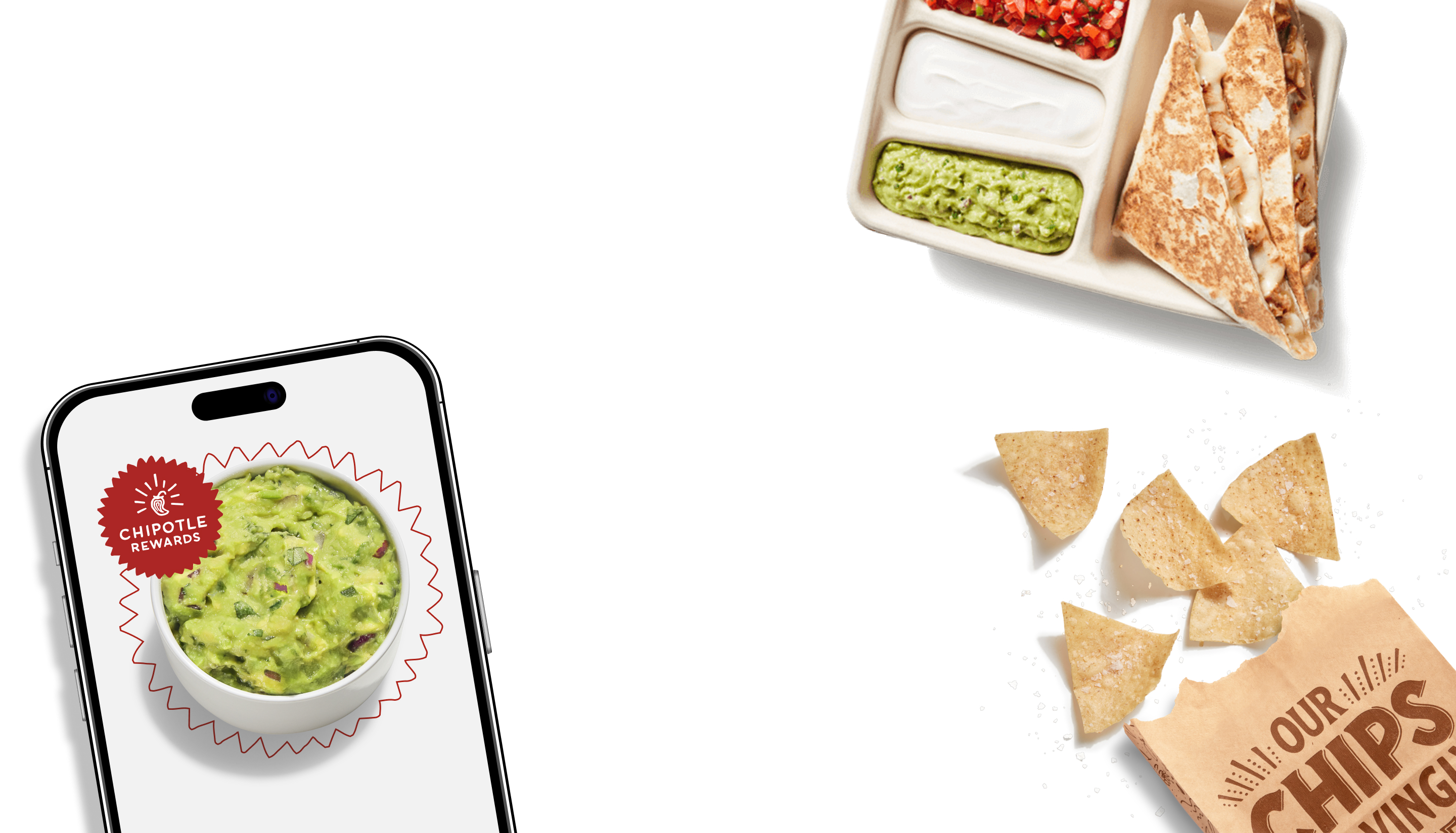 A bag of freshly made Tortilla Chips, a side of Free Guac when you sign up for Chipotle Rewards, and an Adobo Chicken Quesadilla with three customizable sides.