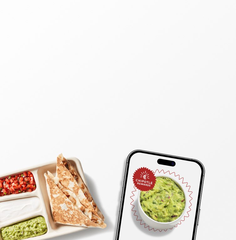 A bag of freshly made Tortilla Chips, a side of Free Guac when you sign up for Chipotle Rewards, and an Adobo Chicken Quesadilla with three customizable sides.