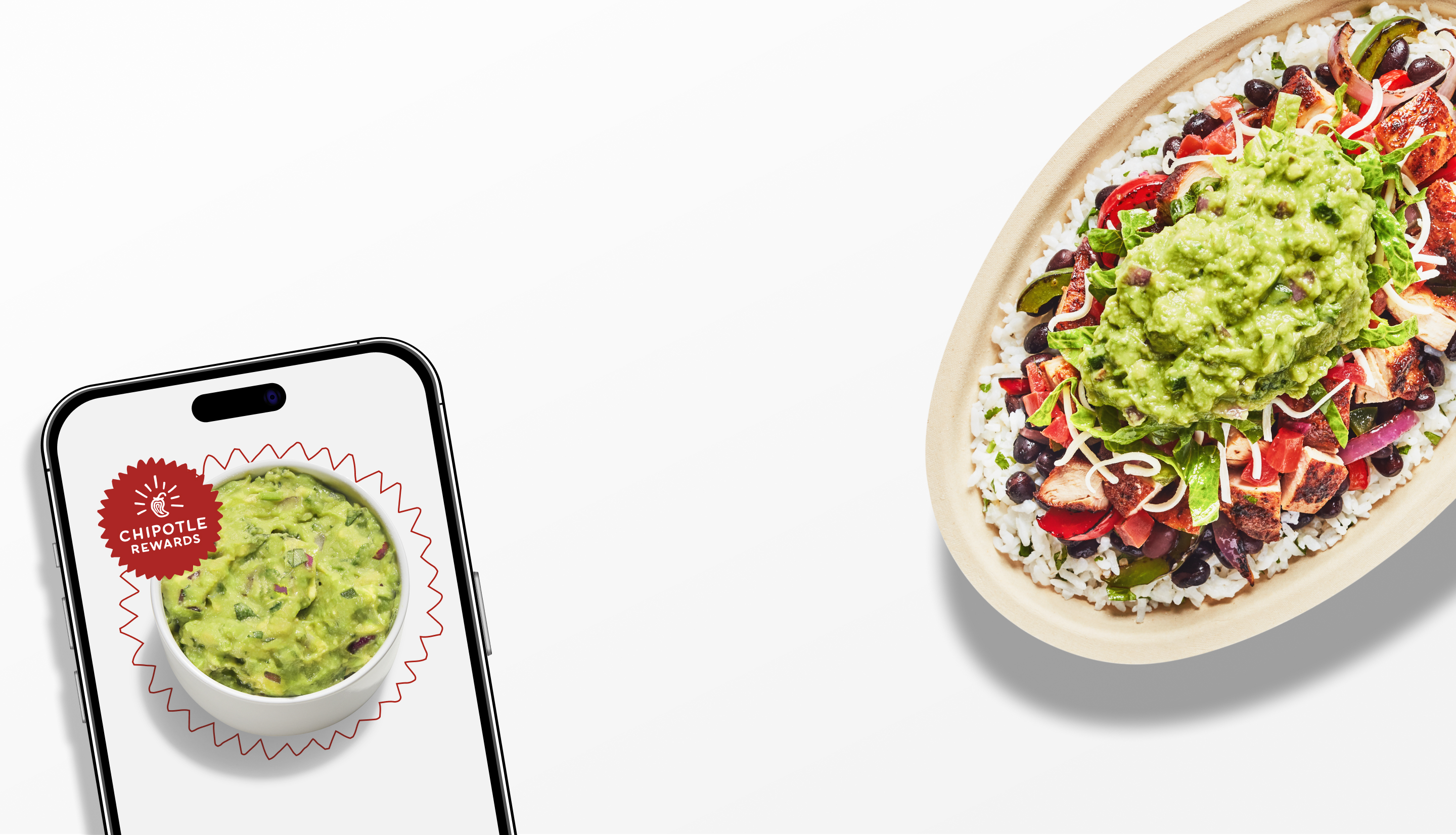 A side of Free Guacamole when you sign up for Chipotle Rewards, and an Adobo Chicken Burrito Bowl with White Rice, Black Beans, Fajita Veggies, Fresh Tomato Salsa, and hand-mashed Guac.