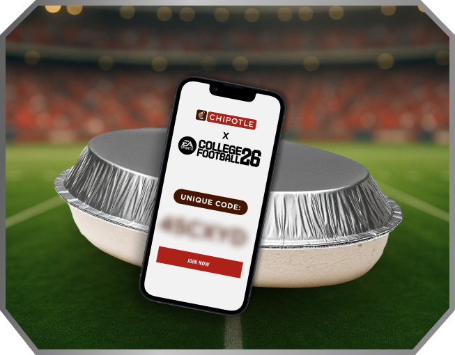 A Chipotle Burrito Bowl sitting on a field in a football stadium with a phone in front of it with a unique code that customers must use to redeem their College Football Ultimate Team Pack.