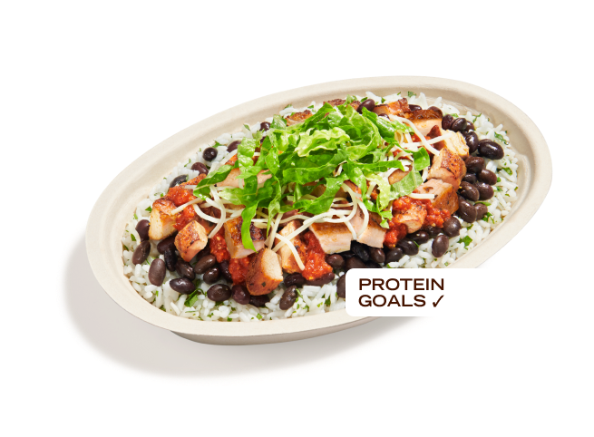 A High Protein Lifestyle Bowl with white rice, a double serving of chicken, black beans, and lettuce to help you hit your protein goals.