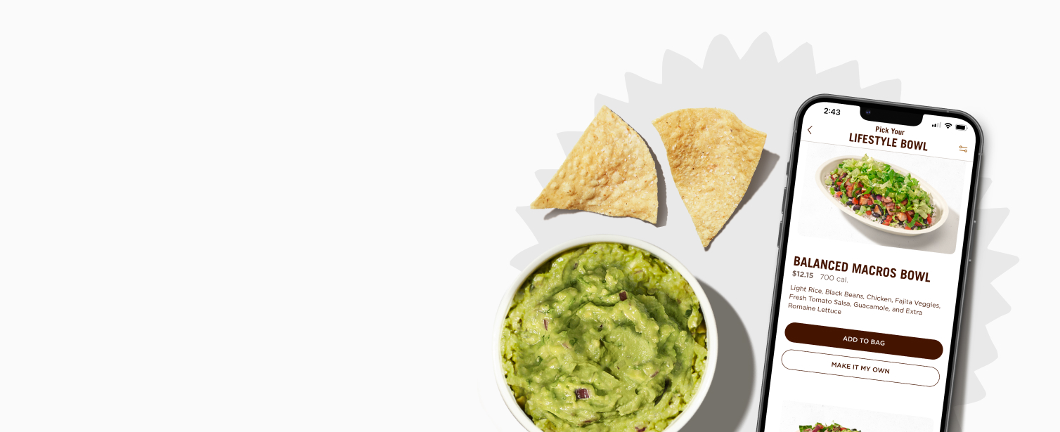 Side of chips and guacamole with a smartphone viewing Lifestyle Bowls on the Chipotle app.