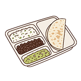 Illustration of The Salish Matter Kid’s Meal with a Kid’s Quesadilla, White Rice, Black Beans, and Guac.