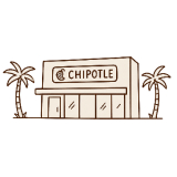 Illustration of a Chipotle restaurant with a palm tree on each side.