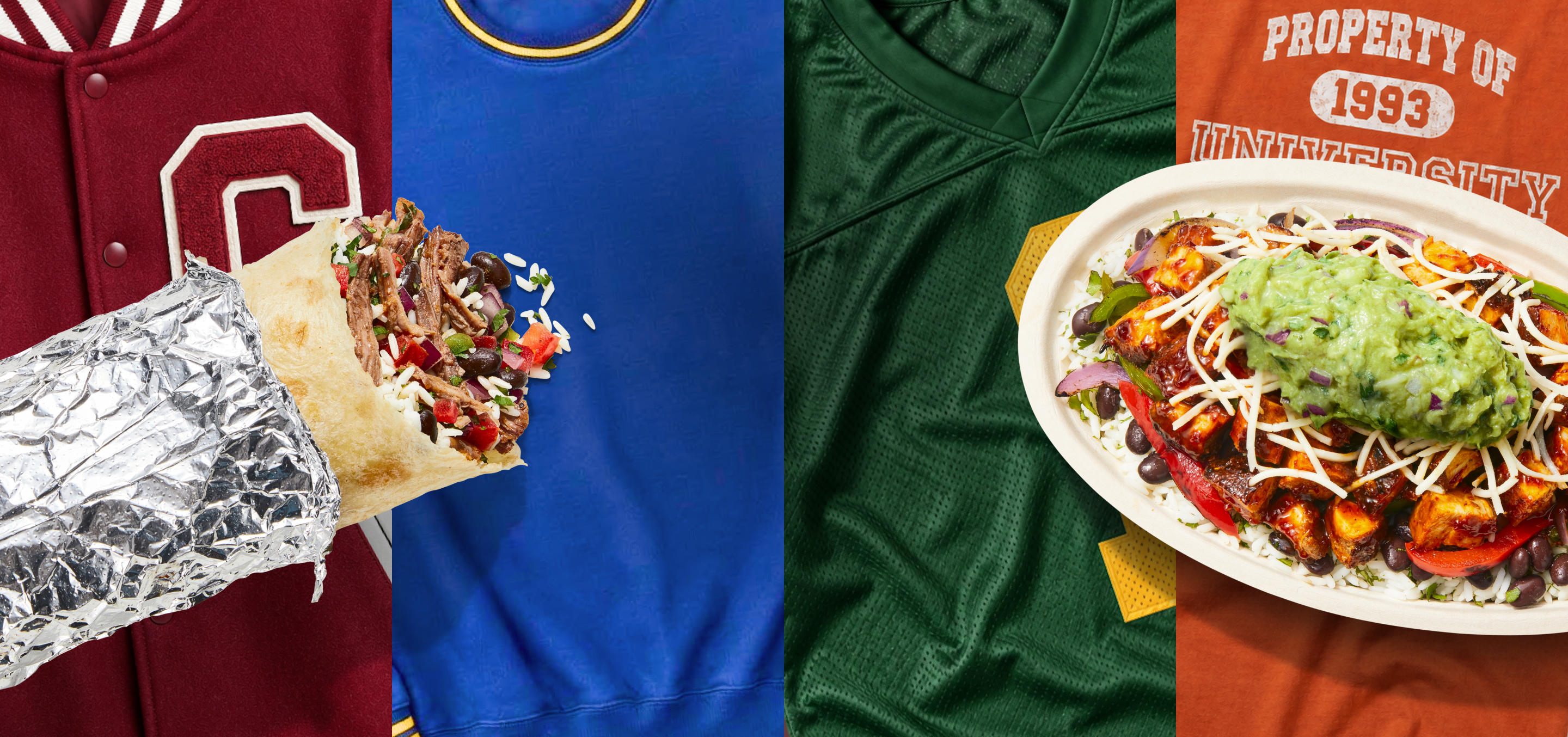 Chipotle burrito and bowl with school spirit wear
