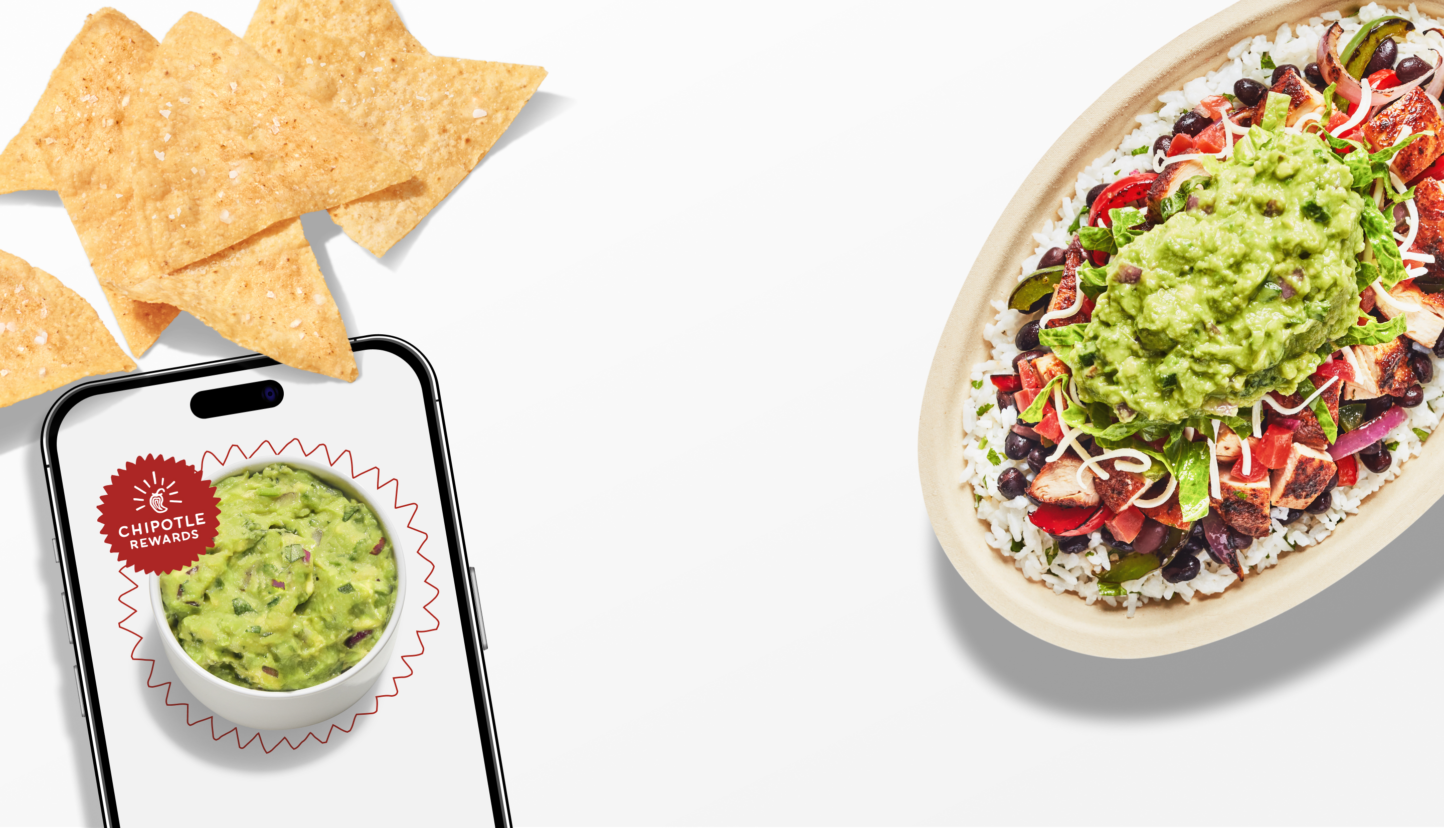 A side of freshly made Guacamole and Tortilla Chips laying beside a phone with the Tattoo BOGO Extra Badge.
